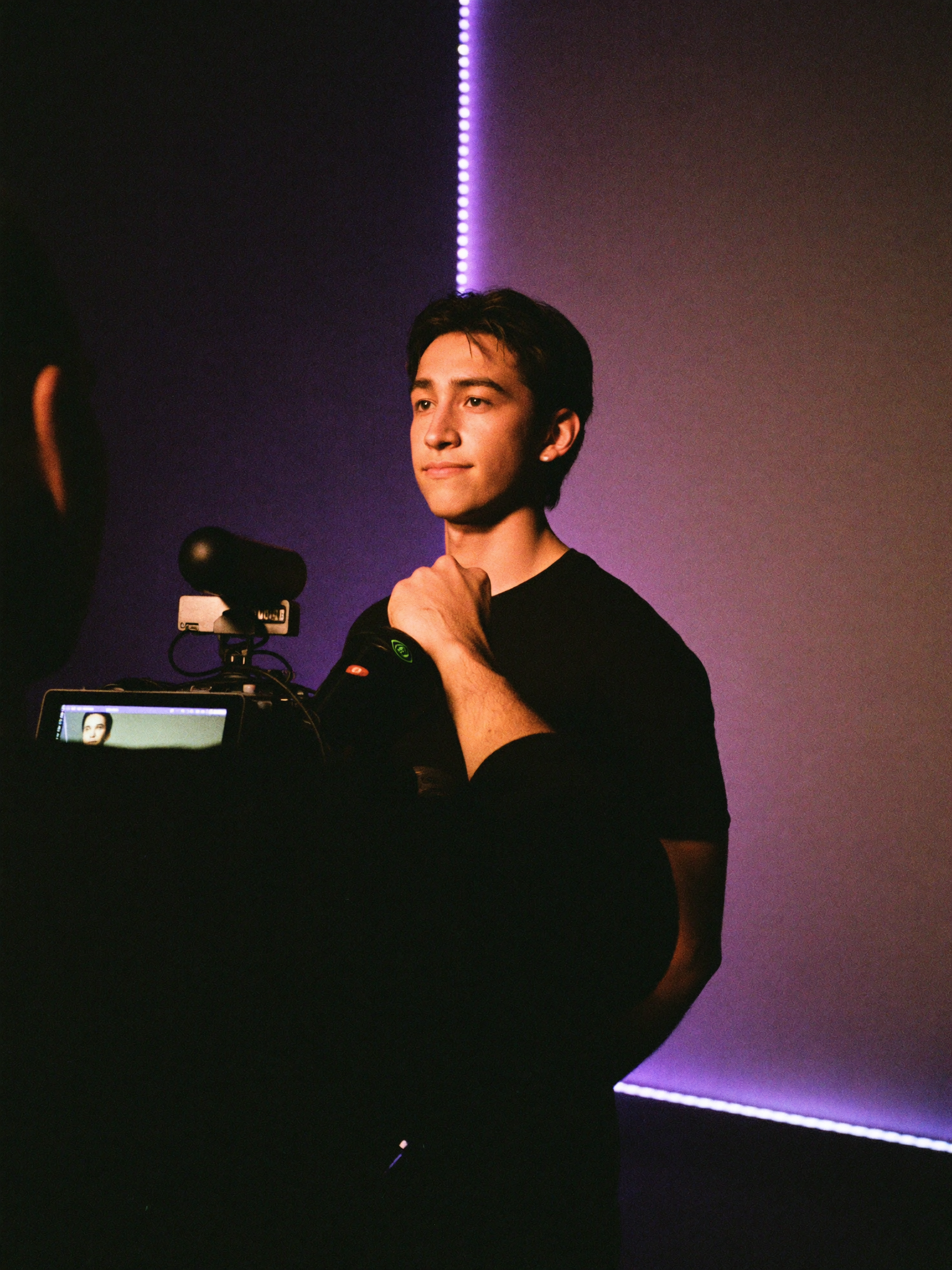 Actor at his mark with camera crew